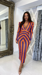 Liora Bedrucktes Langarm Midi Kleid – Orange/Lila