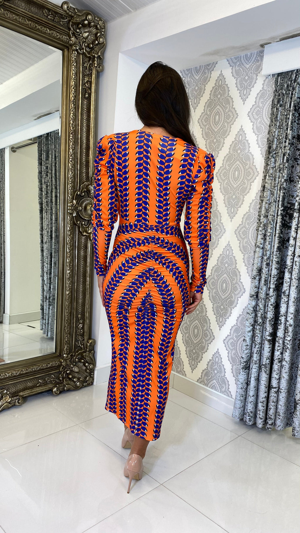 Liora Bedrucktes Langarm Midi Kleid – Orange/Lila