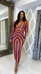 Liora Bedrucktes Langarm Midi Kleid – Orange/Lila