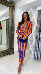 Liora Bedrucktes Langarm Midi Kleid – Orange/Lila