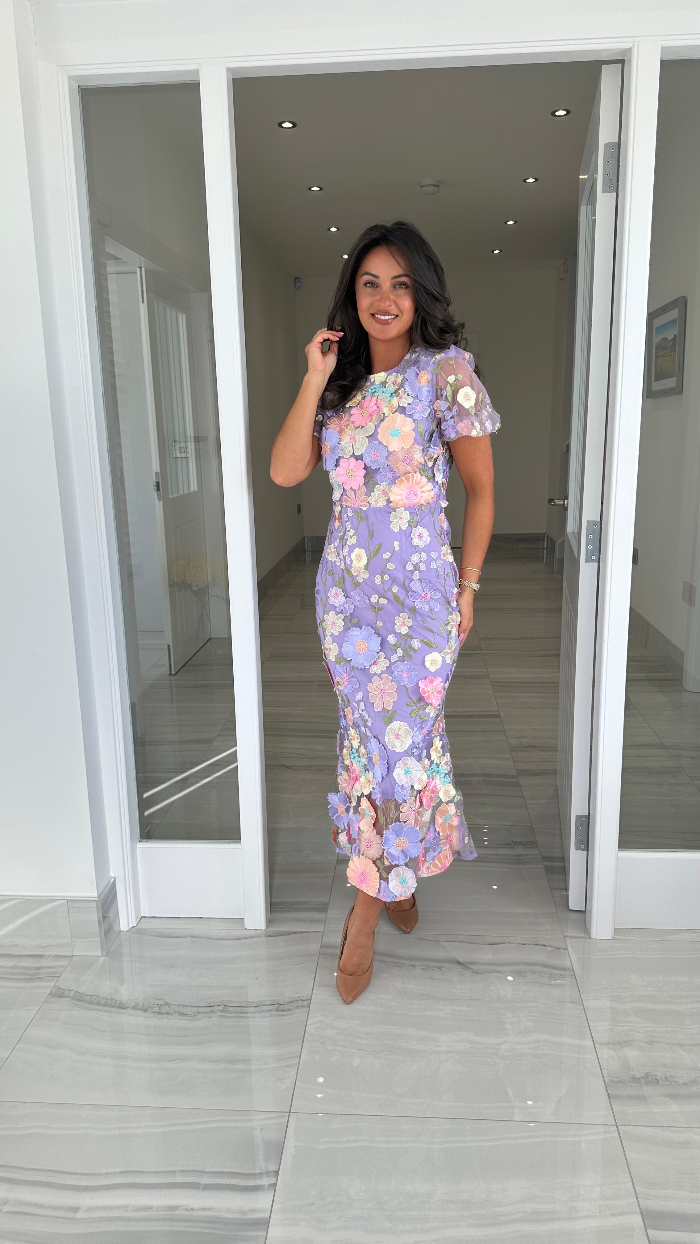 Maribel 3D Blumen Midi Kleid – Flieder