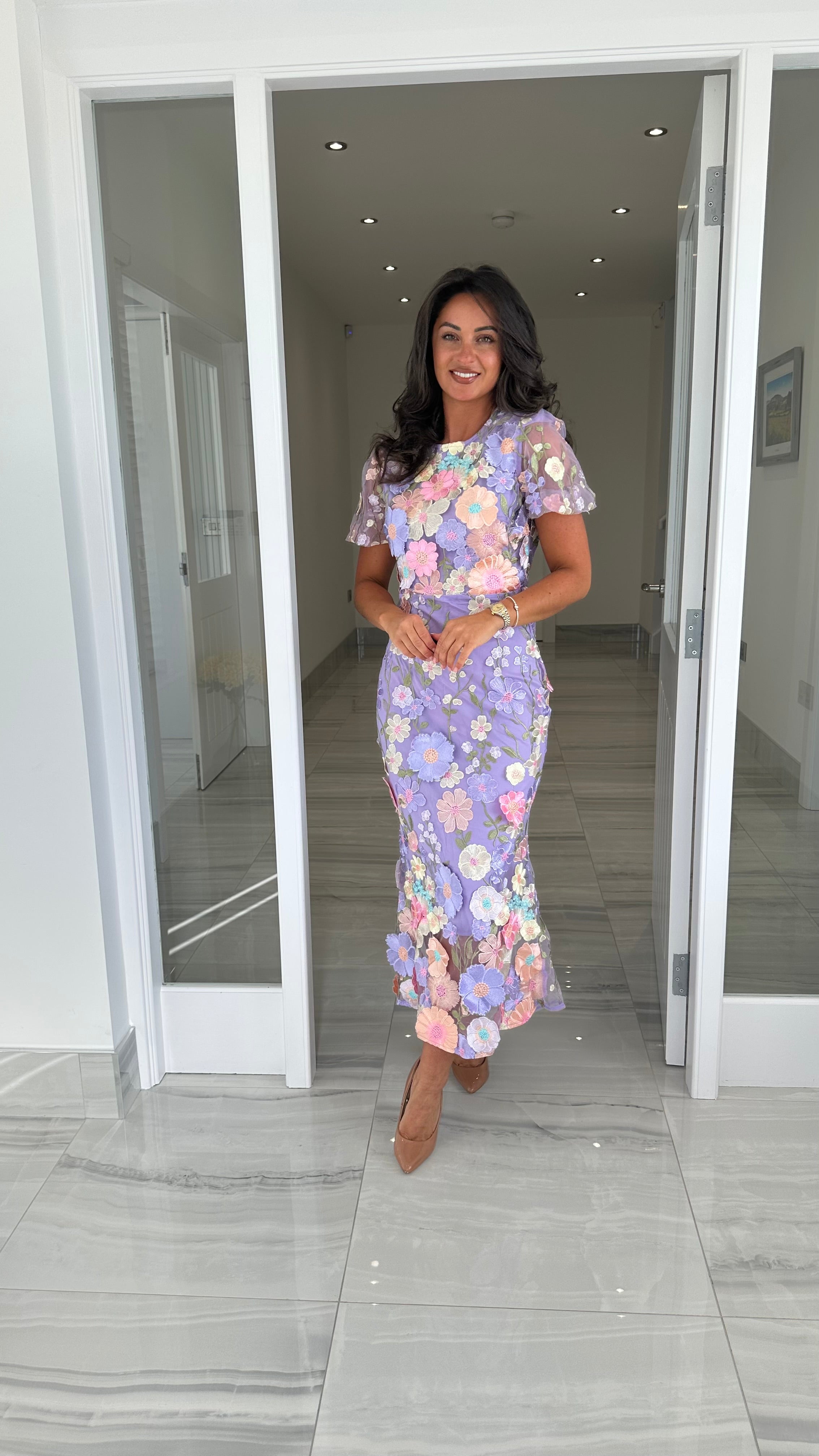 Maribel 3D Blumen Midi Kleid – Flieder