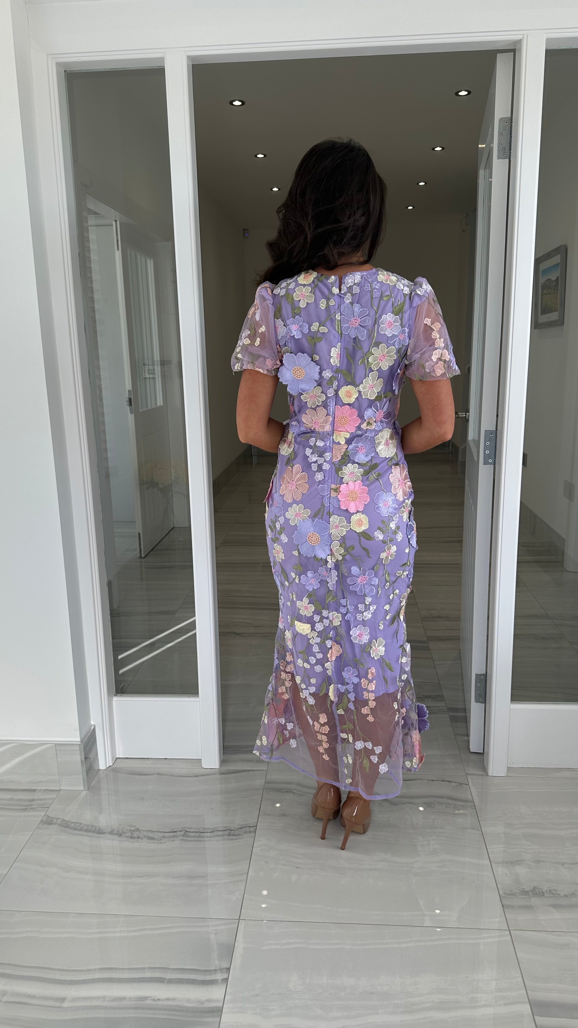 Maribel 3D Blumen Midi Kleid – Flieder