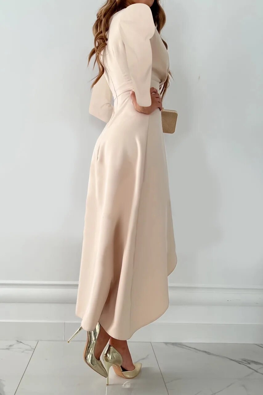 Midi Kleid mit V-Ausschnitt & Asymmetrischem Saum