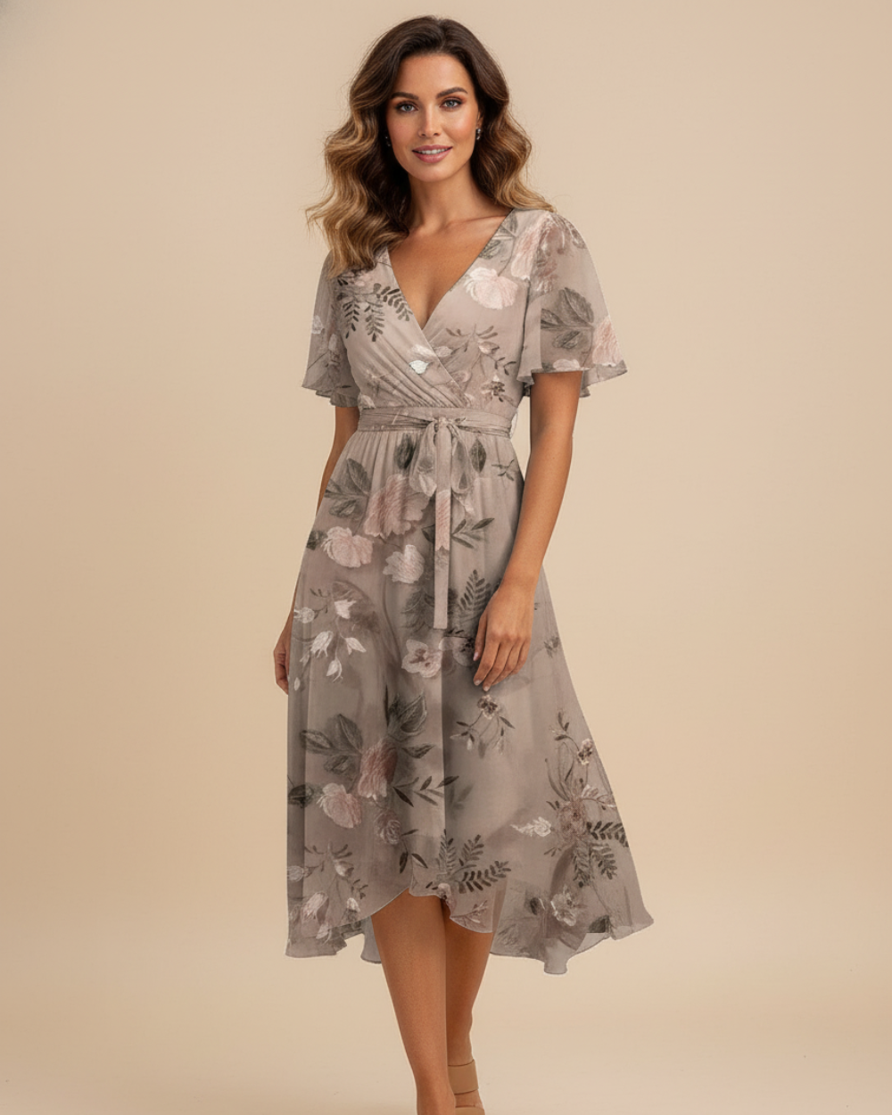 Vestido midi para mujer con estampado floral y escote en V