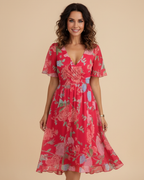 Damen Midi-Kleid mit Blumenmuster und V-Ausschnitt