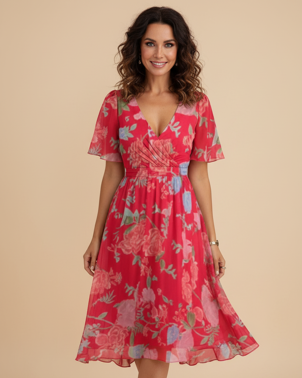 Vestido midi para mujer con estampado floral y escote en V