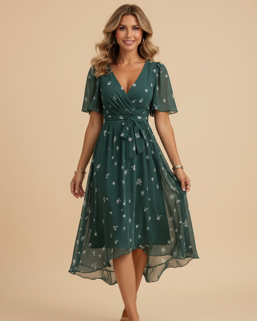 Vestido midi para mujer con estampado floral y escote en V