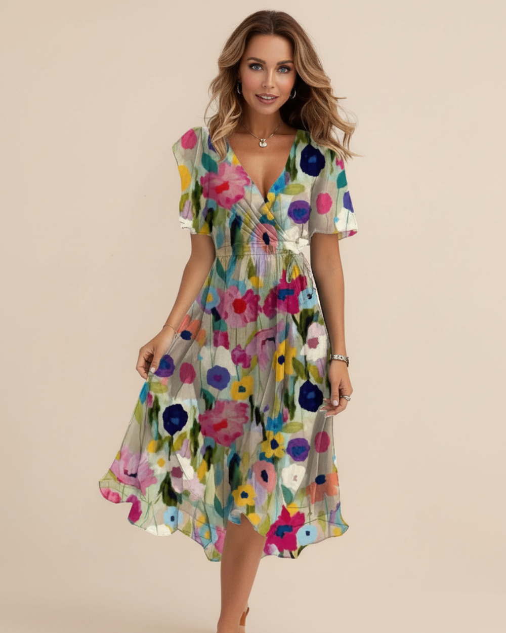 Vestido midi para mujer con estampado floral y escote en V