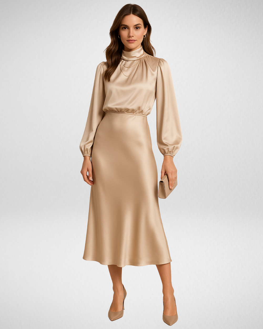Damen Satin-Midikleid – Hoher Kragen & Elegante Silhouette