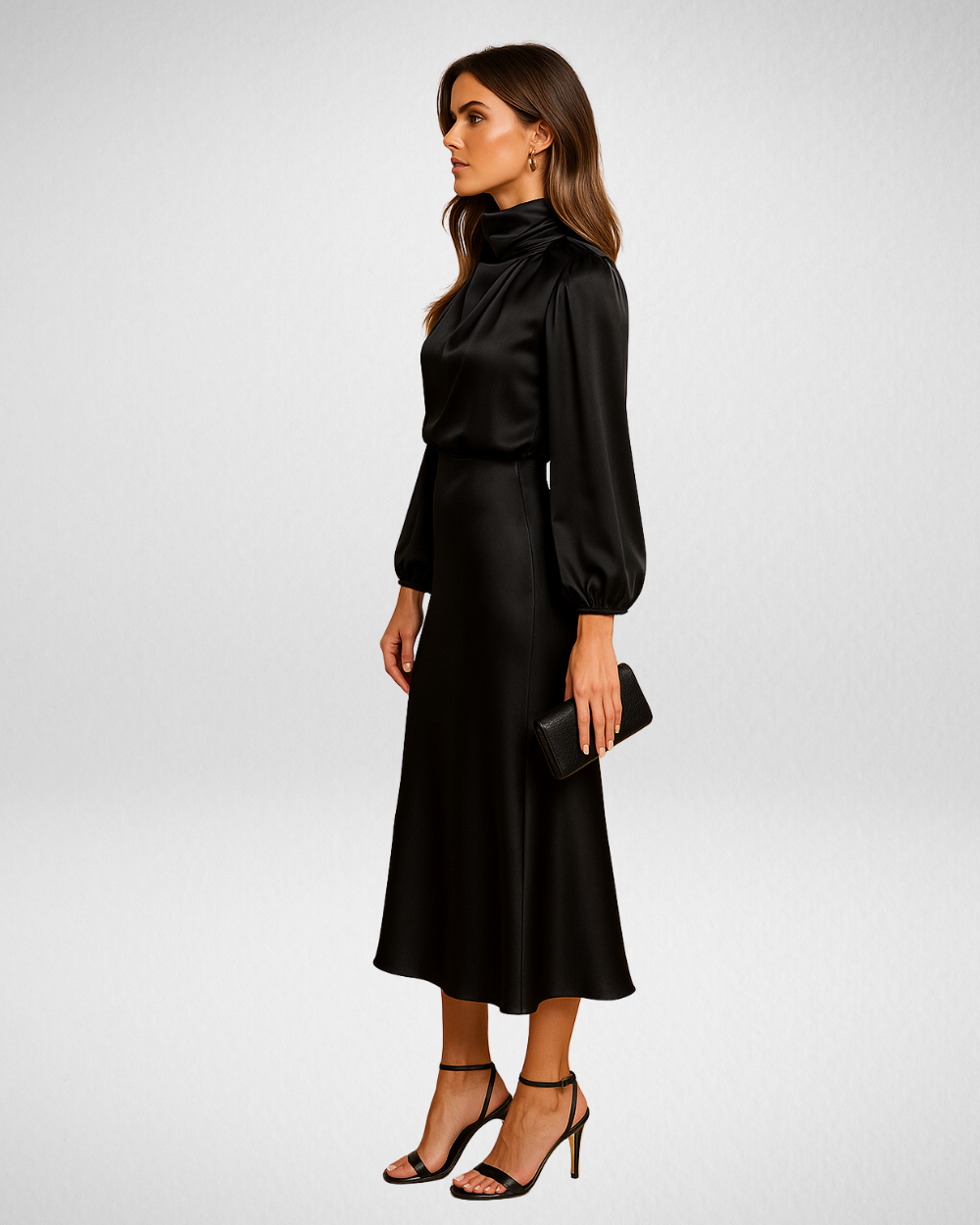 Damen Satin-Midikleid – Hoher Kragen & Elegante Silhouette