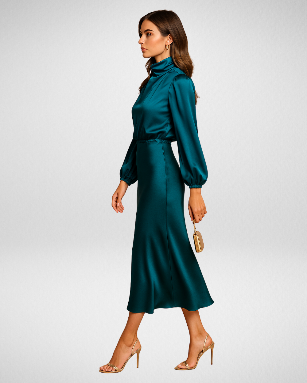 Damen Satin-Midikleid – Hoher Kragen & Elegante Silhouette