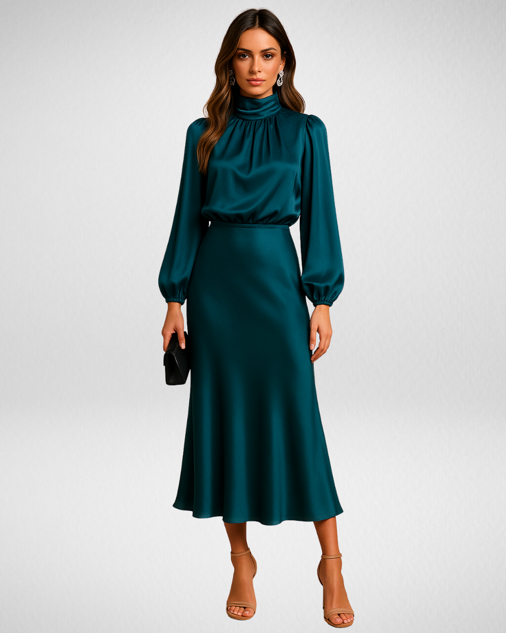 Damen Satin-Midikleid – Hoher Kragen & Elegante Silhouette