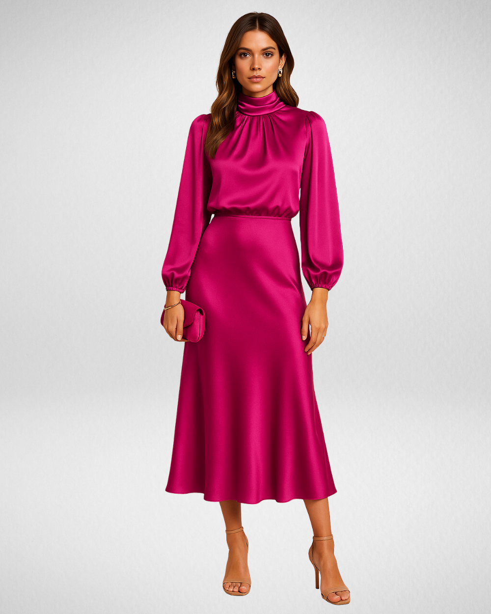 Damen Satin-Midikleid – Hoher Kragen & Elegante Silhouette