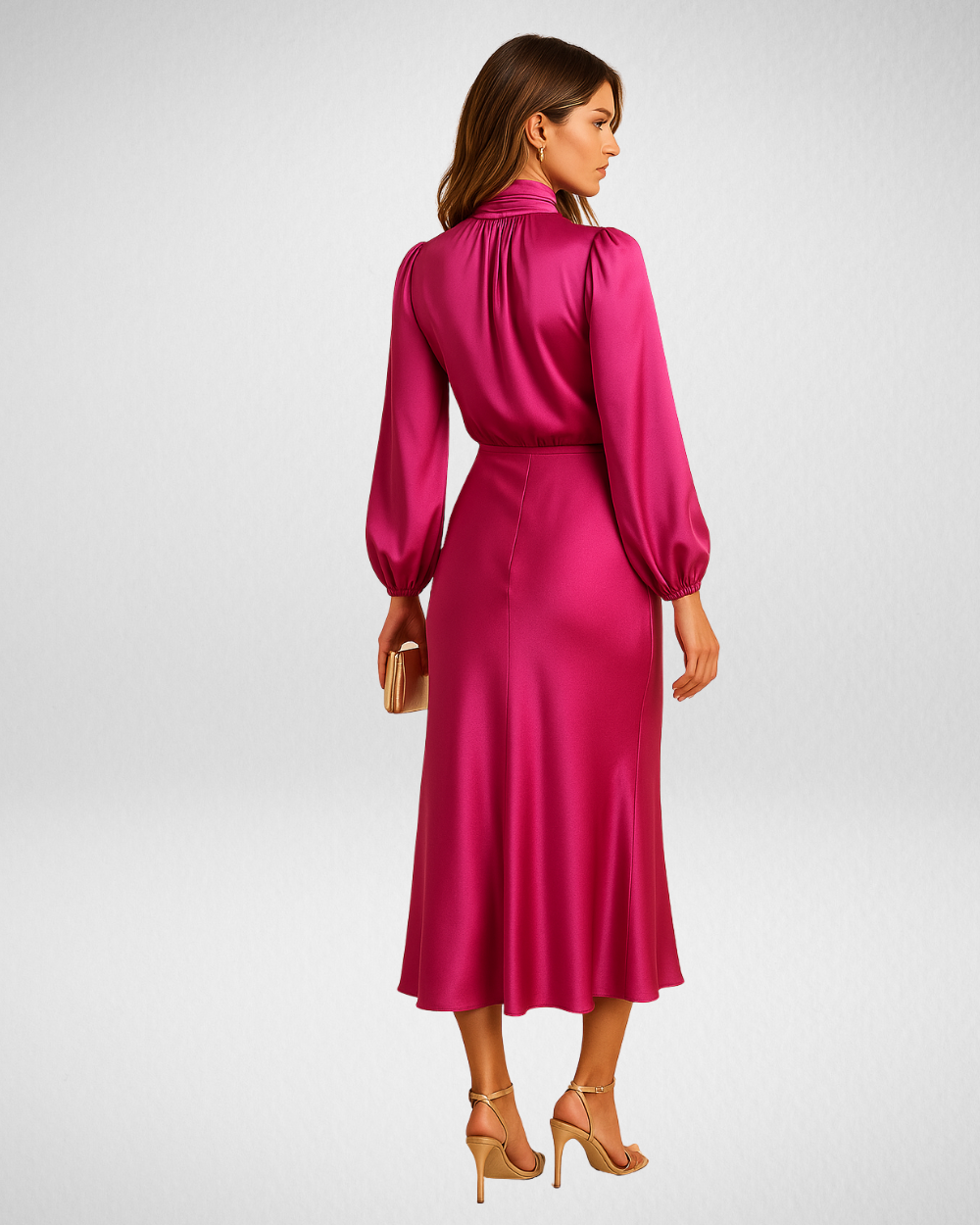 Damen Satin-Midikleid – Hoher Kragen & Elegante Silhouette