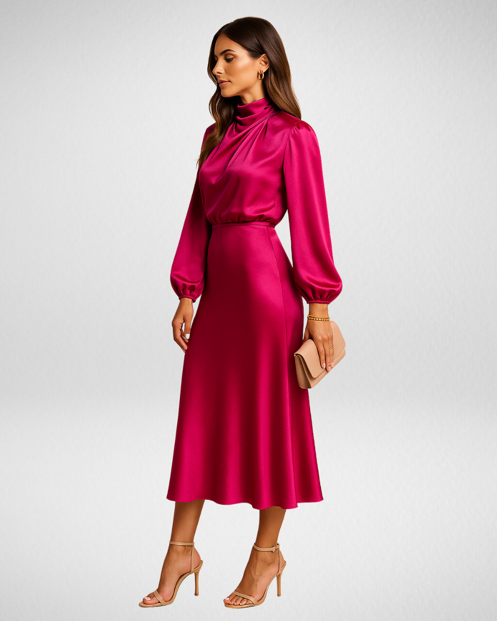 Damen Satin-Midikleid – Hoher Kragen & Elegante Silhouette