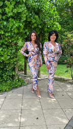 Soraya Bedrucktes Langarm Midi Kleid – Blau/Orange