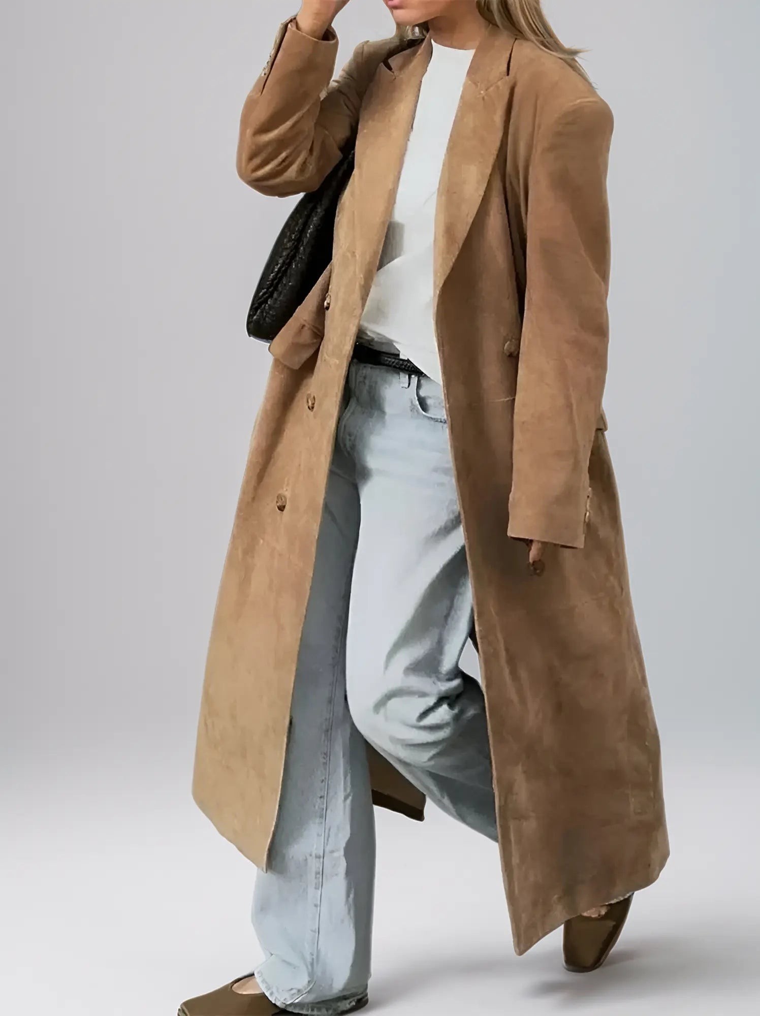 Damen Mantel – Langer Velours Trenchcoat in Camel