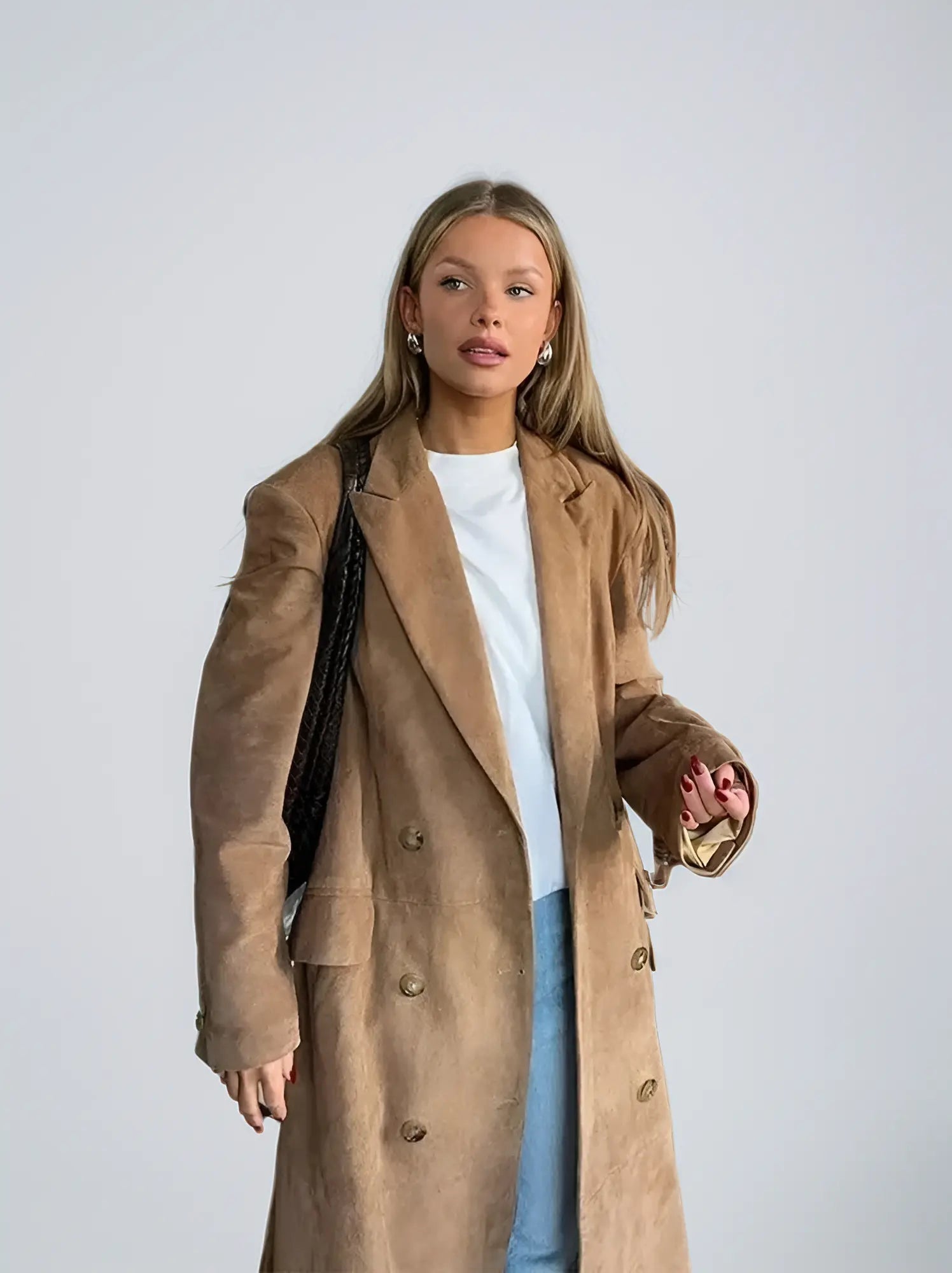 Damen Mantel – Langer Velours Trenchcoat in Camel