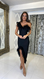 Valentina Bandagekleid mit Federn – Schwarz