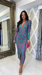 Valeria Bedrucktes Langarm Midi Kleid – Blau/Rosa