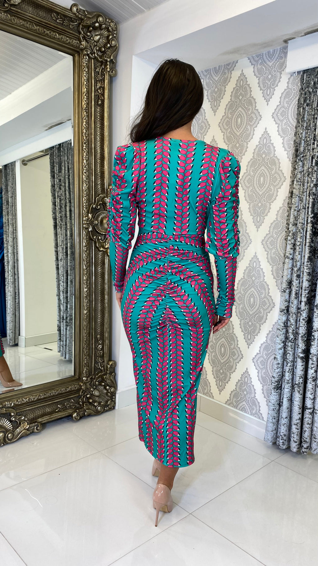 Valeria Bedrucktes Langarm Midi Kleid – Blau/Rosa