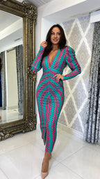 Valeria Bedrucktes Langarm Midi Kleid – Blau/Rosa