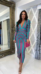 Valeria Bedrucktes Langarm Midi Kleid – Blau/Rosa