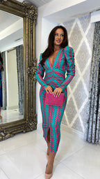 Valeria Bedrucktes Langarm Midi Kleid – Blau/Rosa