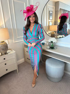 Valeria Bedrucktes Langarm Midi Kleid – Blau/Rosa