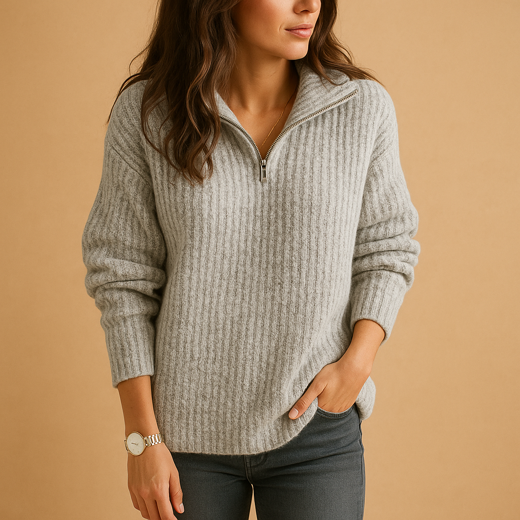 Damen Strickpullover – Halber Reißverschluss, Elegant & Komfortabel