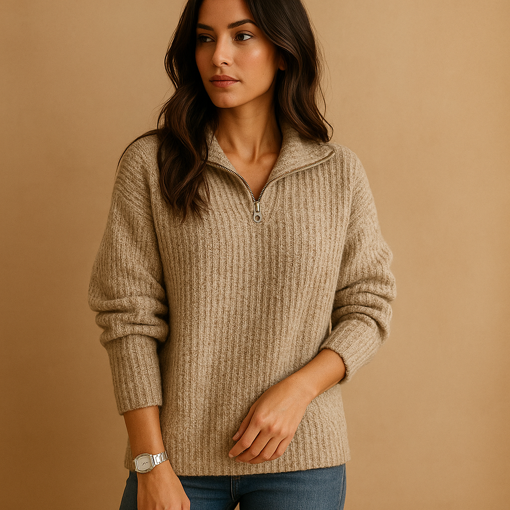Damen Strickpullover – Halber Reißverschluss, Elegant & Komfortabel